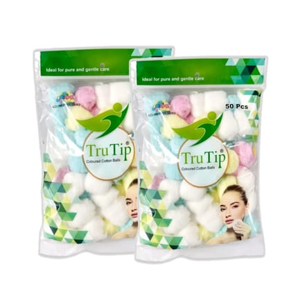2 Packs of Tru Tip Colored Cotton Balls, AZO Free, Ideal for Pure and Gentle Care (50 pcs each pack)