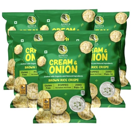 Asmita Organic Farms Brown Rice Popped Crisps, Not Baked Not Fried, Low Fat with Foxtail millet Healthy Snacks Popped Fiber Rich Snack Low in Calories (Cream and Onion, 55 g (Pack of 6)) Asmita Organic Farms Brown Rice Popped Crisps, Not Baked Not Fried, Low Fat with Foxtail millet Healthy Snacks Popped Fiber Rich Snack Low in Calories (Cream and Onion, 55 g (Pack of 6))