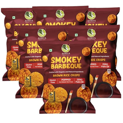 Asmita Organic Farms Brown Rice Popped Crisps, Not Baked Not Fried, Low Fat with Foxtail millet Healthy Snacks Popped Fiber Rich Snack Low in Calories (Smokey Barbeque, 55 g (Pack of 6)) Asmita Organic Farms Brown Rice Popped Crisps, Not Baked Not Fried, Low Fat with Foxtail millet Healthy Snacks Popped Fiber Rich Snack Low in Calories (Smokey Barbeque, 55 g (Pack of 6))