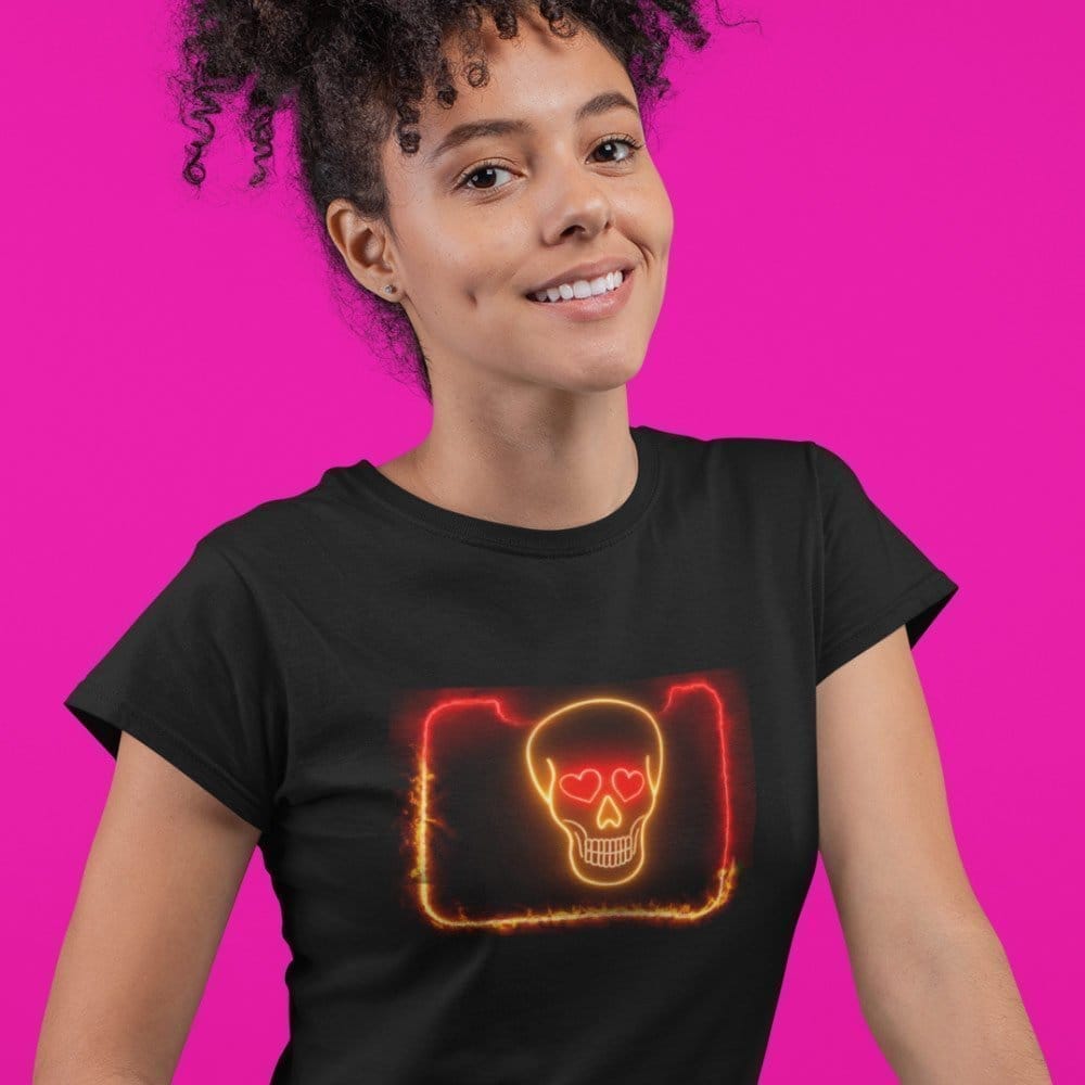 EqualLife Pure Cotton Bio-Washed T-Shirt Chest Printed-Skull Hearts Neon Icon Design-2-by ZingerTees-Women-EL9120413-F