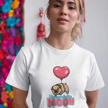EqualLife Pure Cotton Bio-Washed T-Shirt Chest Printed-Valentine's Day - Cute Pug Love You To The Moon Design-by ZingerTees-Women-EL9120277-F EqualLife Pure Cotton Bio-Washed T-Shirt Chest Printed-Valentine's Day - Cute Pug Love You To The Moon Design-by ZingerTees-Women-EL9120277-F