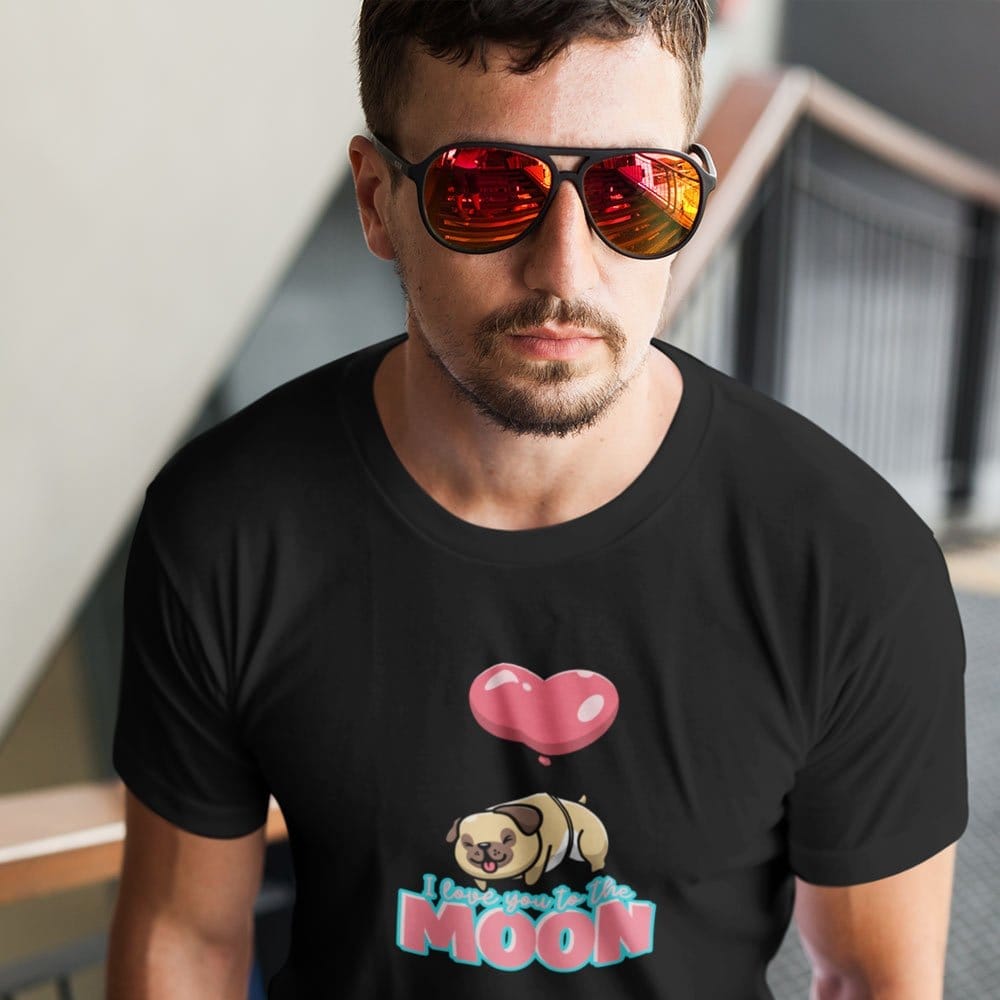EqualLife Pure Cotton Bio-Washed T-Shirt Chest Printed-Valentine's Day - Cute Pug Love You To The Moon Design-by ZingerTees-Men-EL9120277-M