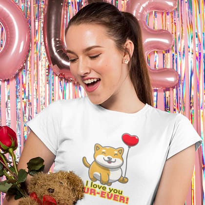 EqualLife Pure Cotton Bio-Washed T-Shirt Chest Printed-Valentine's Day - Cute Kitty Love you Fur-Ever Design-by ZingerTees-Women-EL9120275-F