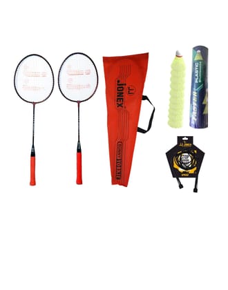 JJ JONEX Go-Play Badminton Racket of Set 2 with Black 1 PC Skipping Rope and Plastic Shuttles 10 Pieces with Cover, Multicolour, (MYC) JJ JONEX Go-Play Badminton Racket of Set 2 with Black 1 PC Skipping Rope and Plastic Shuttles 10 Pieces with Cover, Multicolour, (MYC)