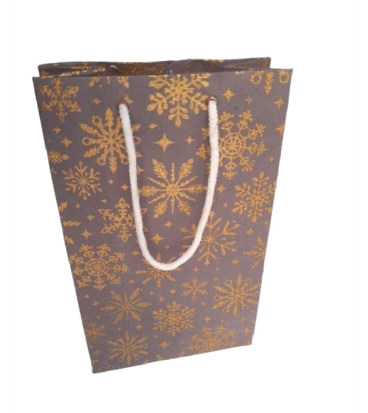 Luxury Brown Paper Gift Bag with Gold Snowflake Design and Rope Handles