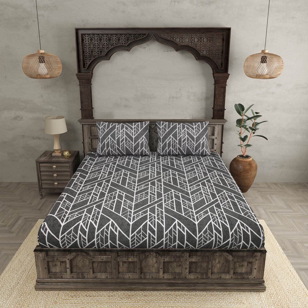 Quirky Home Fantasy Collection Premium Cotton Blend 180 TC Fitted King Wrinklefree Bedsheet with 2 Pillow Covers, New X Grey