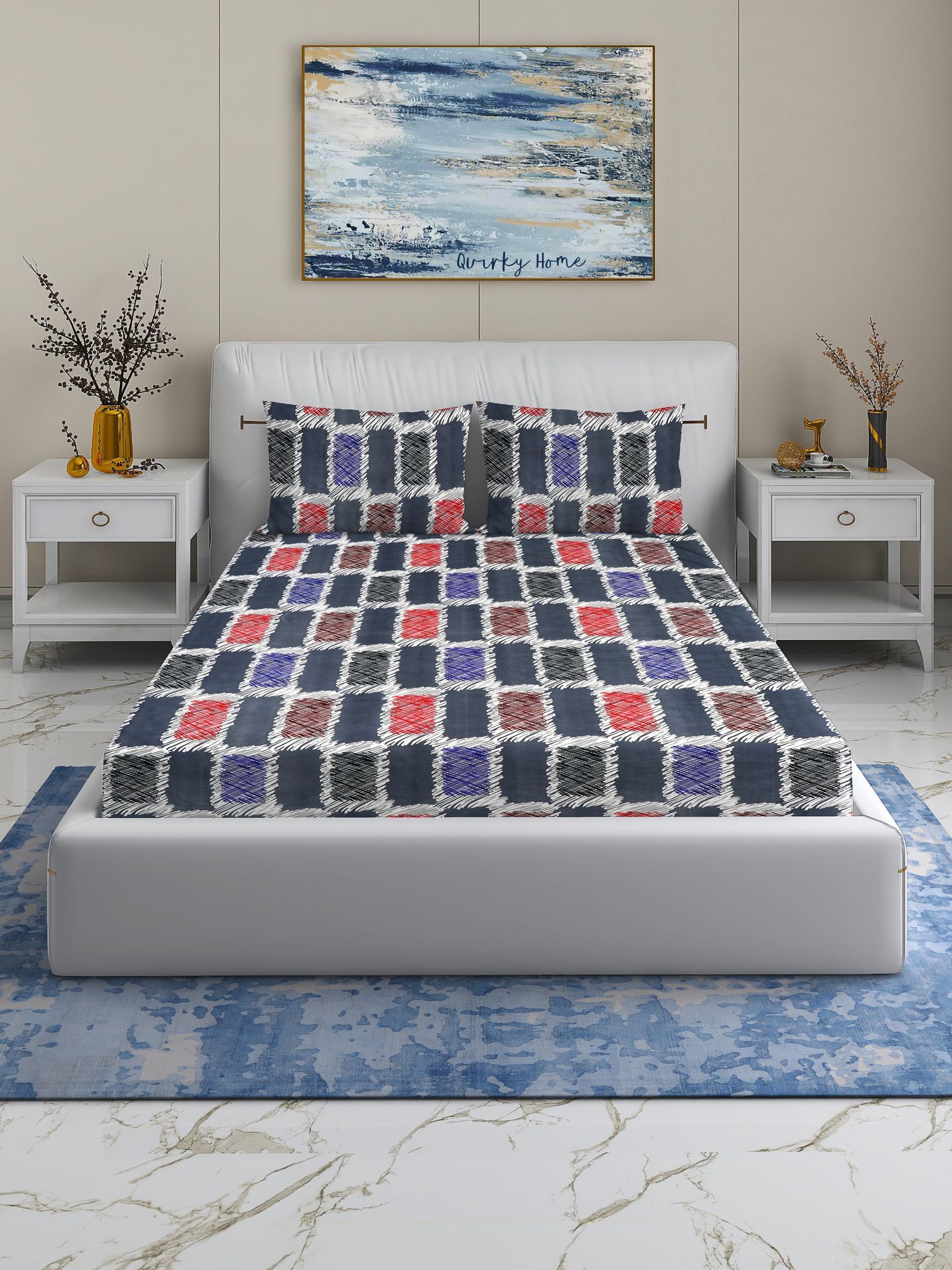 Quirky Home Fantasy Collection Premium Cotton Blend 180 TC Fitted Double Wrinklefree Bedsheet with 2 Pillow Covers, Grey Check