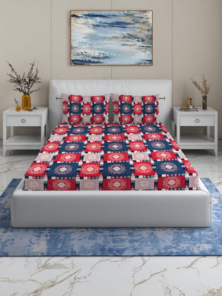 Quirky Home Fantasy Collection Premium Cotton Blend 180 TC Fitted Double Wrinklefree Bedsheet with 2 Pillow Covers, Red Blue Square Quirky Home Fantasy Collection Premium Cotton Blend 180 TC Fitted Double Wrinklefree Bedsheet with 2 Pillow Covers, Red Blue Square