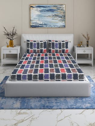 Quirky Home Fantasy Collection Premium Cotton Blend 180 TC Flat Double Wrinklefree Bedsheet with 2 Pillow Covers, Grey Check