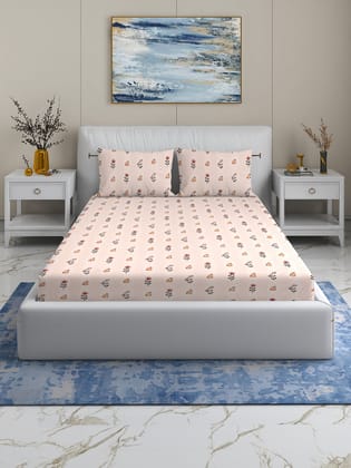 Quirky Home Rome Collection Premium Cotton Blend 180 TC Fitted Double Wrinklefree Bedsheet with 2 Pillow Covers, Beige Flower