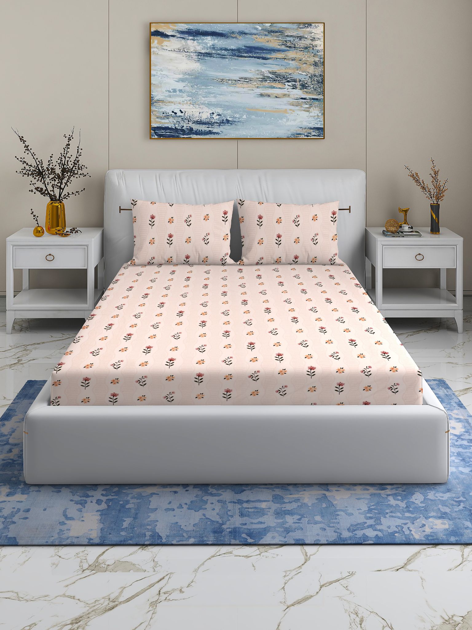 Quirky Home Rome Collection Premium Cotton Blend 180 TC Fitted Double Wrinklefree Bedsheet with 2 Pillow Covers, Beige Flower