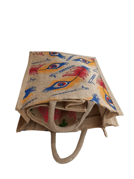 ** Peacock Feathers Print Jute Bag**