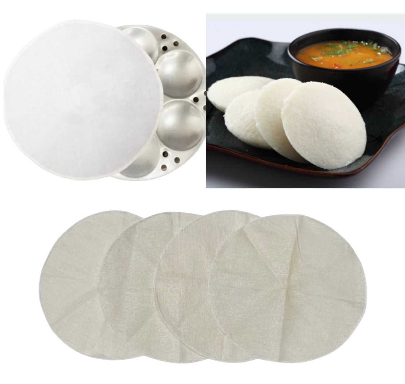 Unbleached Pure cotton Idli Steaming Cloth Pack of 4, 30cm Round, for 3-7 Pit Idli Plates, Momos Steaming