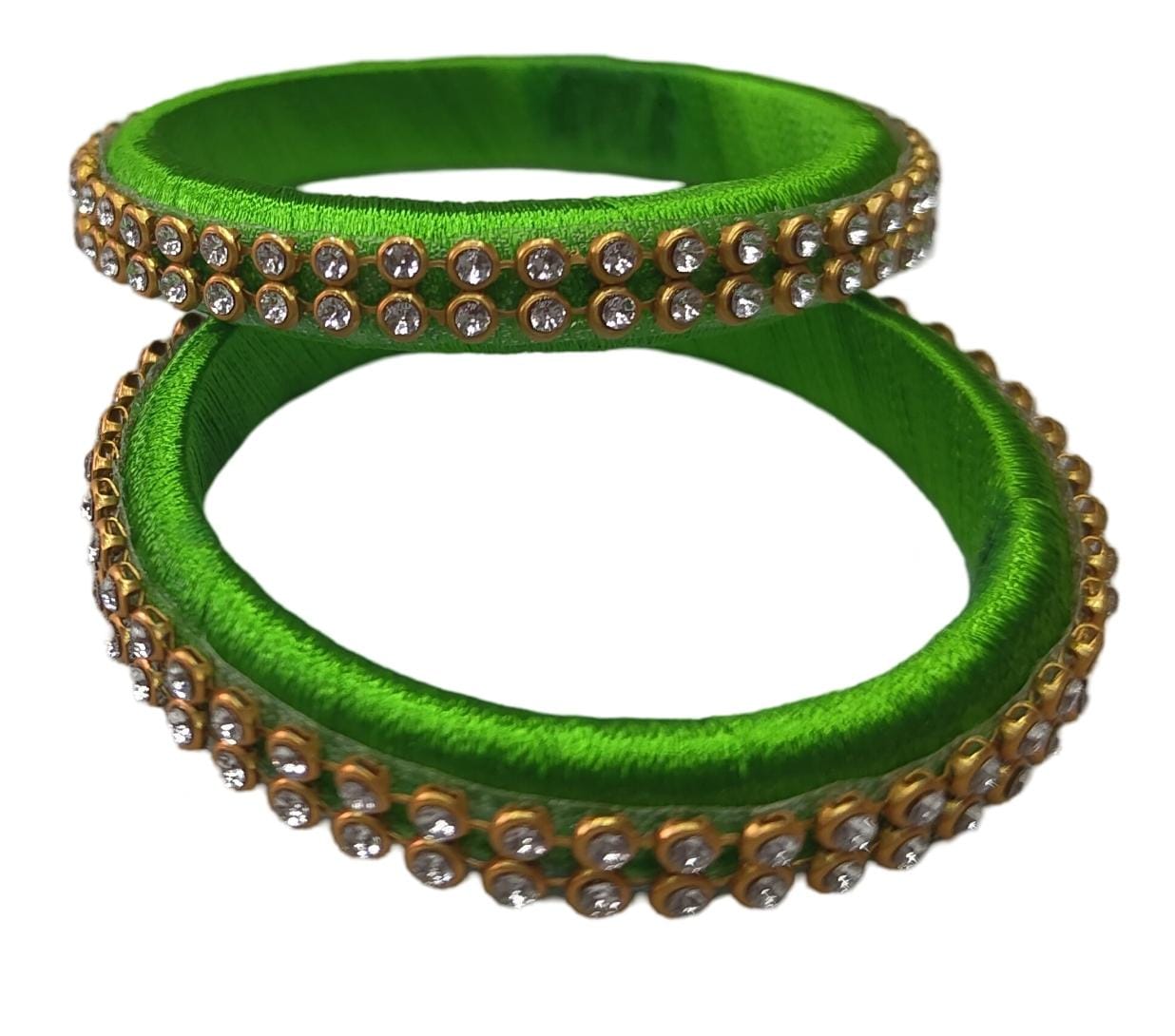  Green Silk Thread Bangle Set with Rhinestone for Women and Girls (Pack of 2)