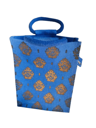 Blue Floral Jute Bag with Zipper and Handle Blue Floral Jute Bag with Zipper and Handle
