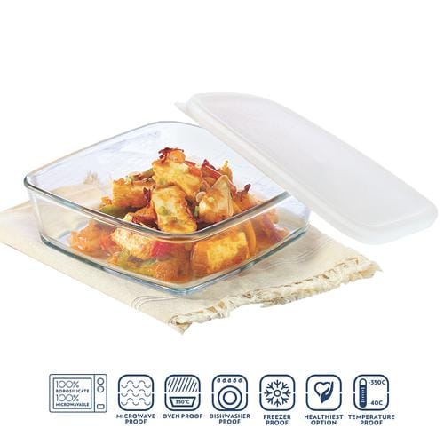 Borosil Borosilicate Glass Baking Dish With Lid, Square, Microwave Safe & Oven Safe, 1.6 L