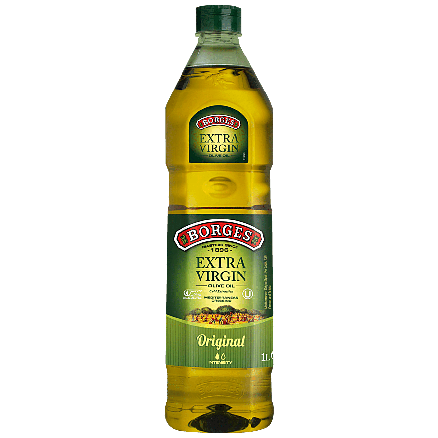 Borges Extra Virgin Olive Oil, First Cold Pressed, Edible Premium Grade, Ideal For Low Heat Cooking, Salad Dressing, Garnishing, Toasts, Sauteing, 1L Pet Bottle