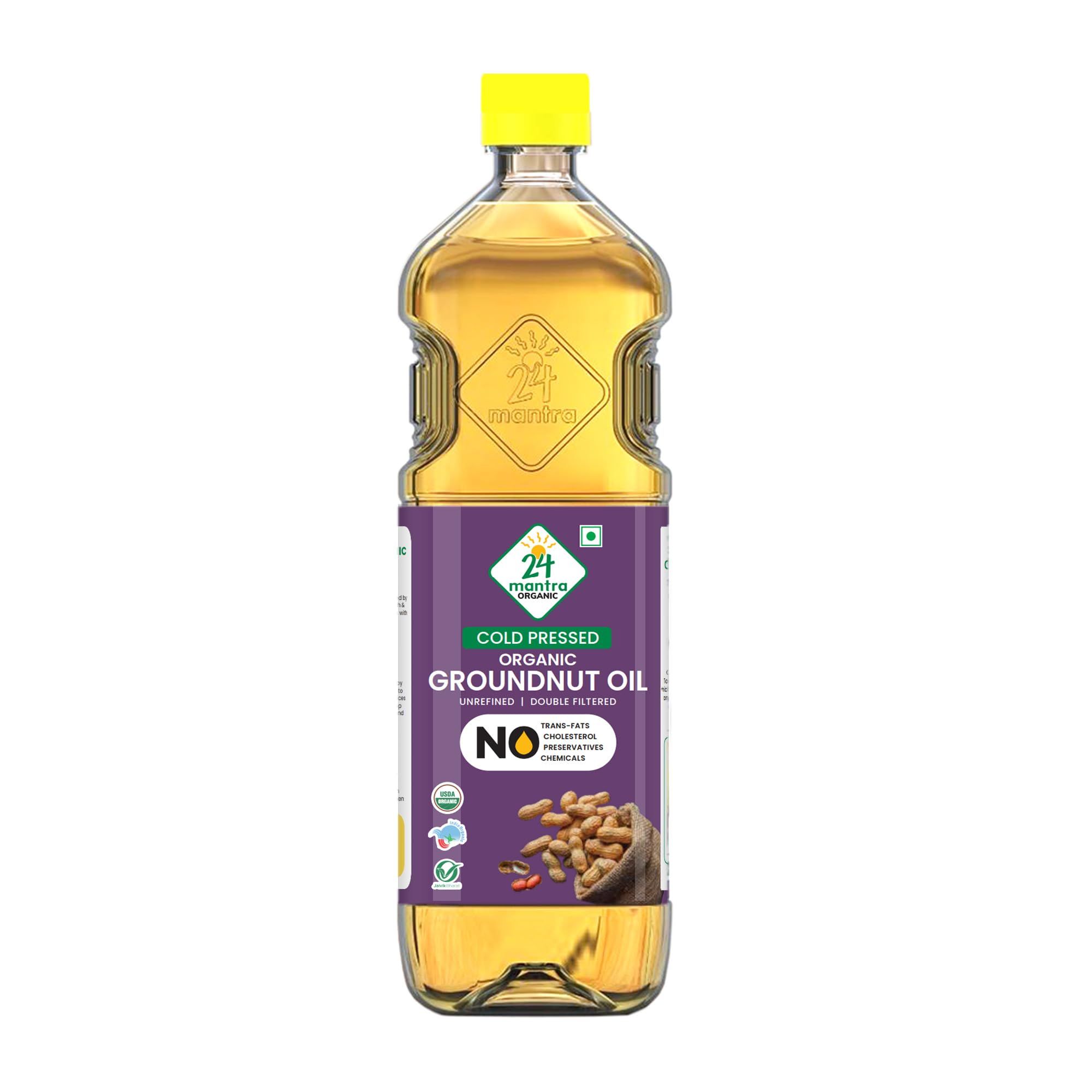 24 Mantra Organic Unrefined Groundnut Oil/Moongphali Ka Tel, 1 L, Pack Of 1, 100% Organic, Chemical Free & Pesticides Free, Double Filtered, Expeller, Pressed