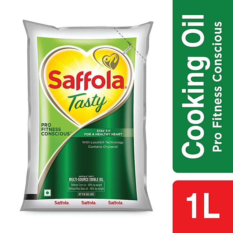 Saffola Tasty Refined Cooking Oil, Blended Rice Bran & Corn Oil, Pro Fitness Conscious, 1 L Pouch