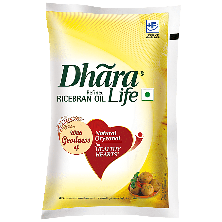 Dhara Refined Oil, Rice Bran (Natural Oryzanol & Vitamin E), 1 L Pouch