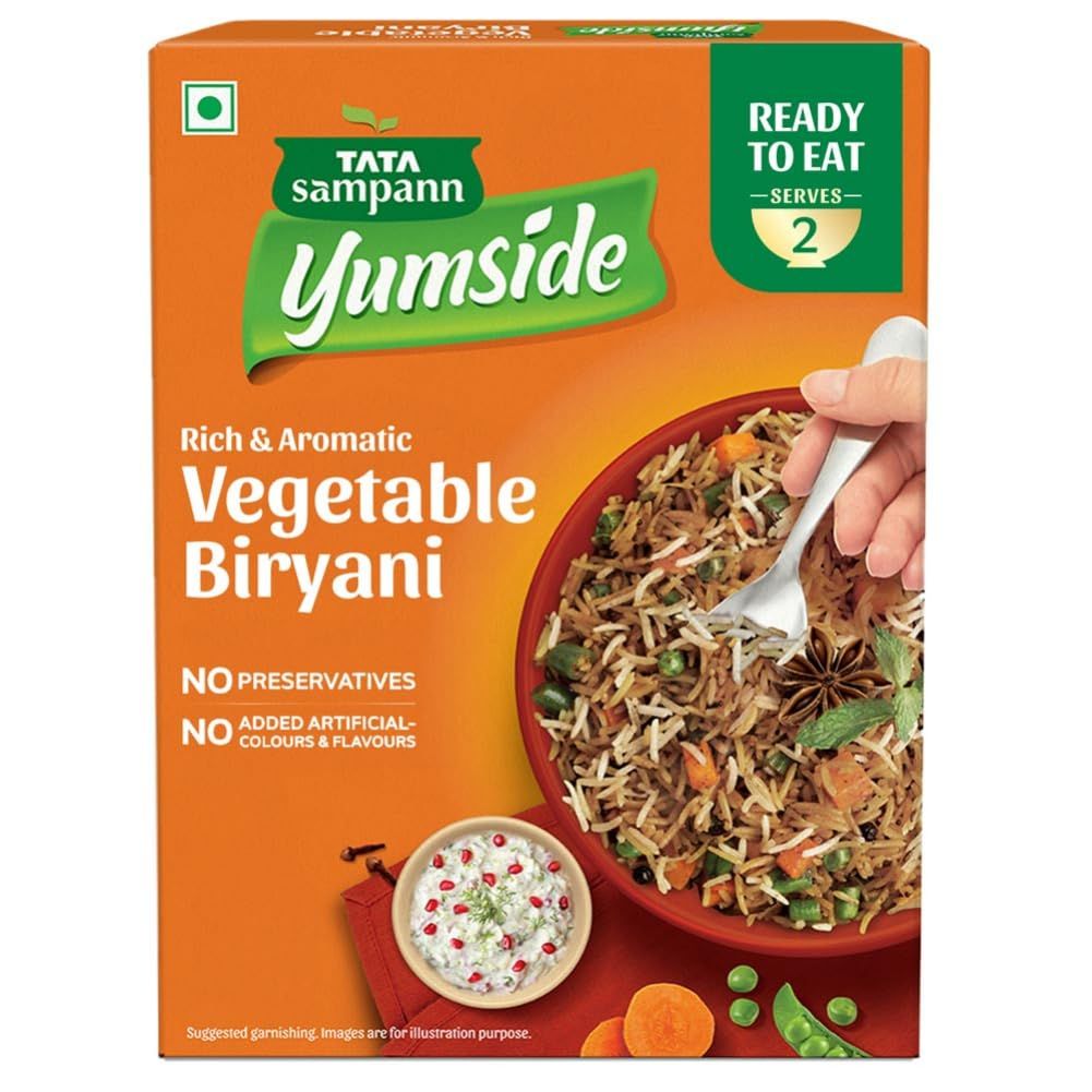Tata Sampann Yumside Ready To Eat Veg Biryani, 330G, Instant Food, Ready In 60 Secs, No Preservatives, No Added Artificial Colours & Flavours, Pack Of 1