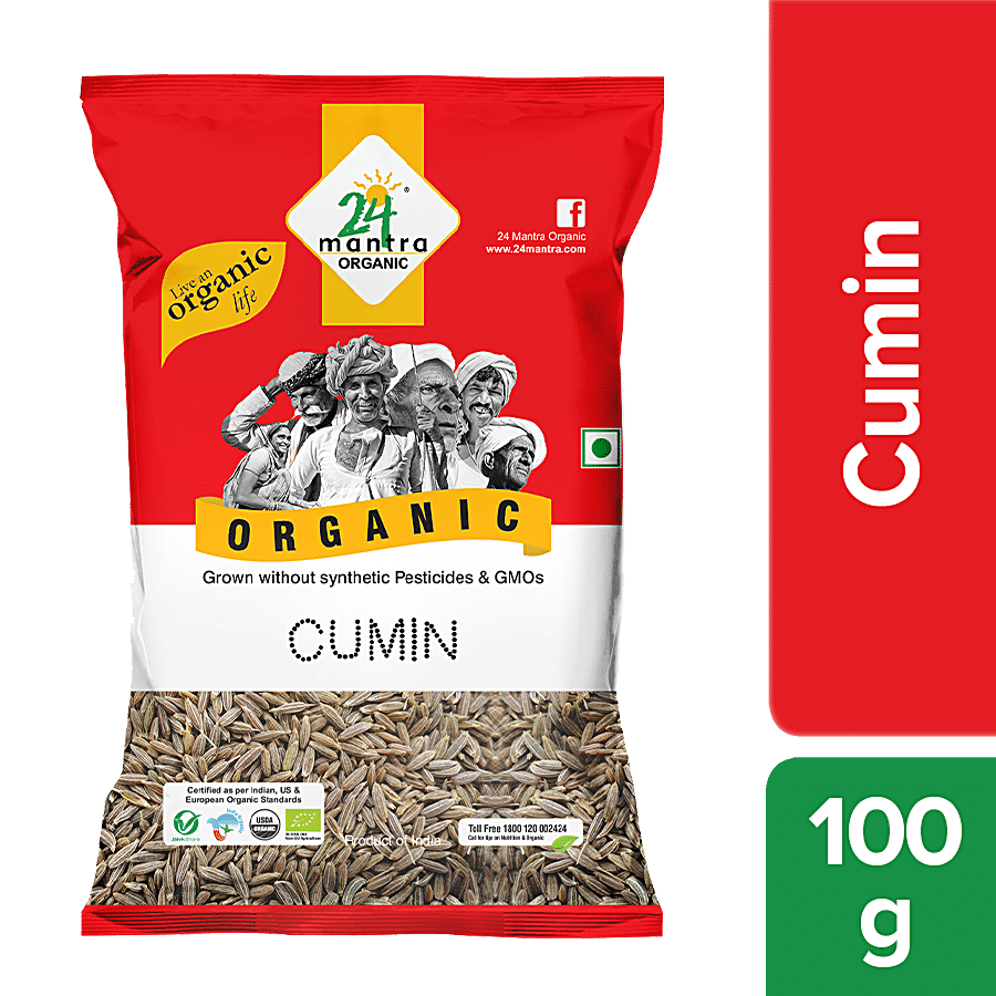 24 Mantra Organic Cumin Seed/Zeera/Jeelakarra, 100% Organic, Chemical Free & Pesticides Free, Unadulterated, Enhances Taste, 100Gms, Pack Of 1