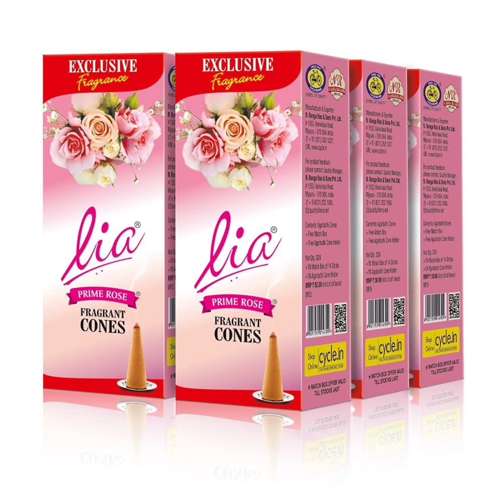 Lia Prime Rose Fragrant Dry Dhoop Cones, 192 Cones With Free Cone Holder, Velvety Rose Fragrance For Daily, Puja, Meditation & Other Rituals, Pack Of 6 (32 Cones/Pack)