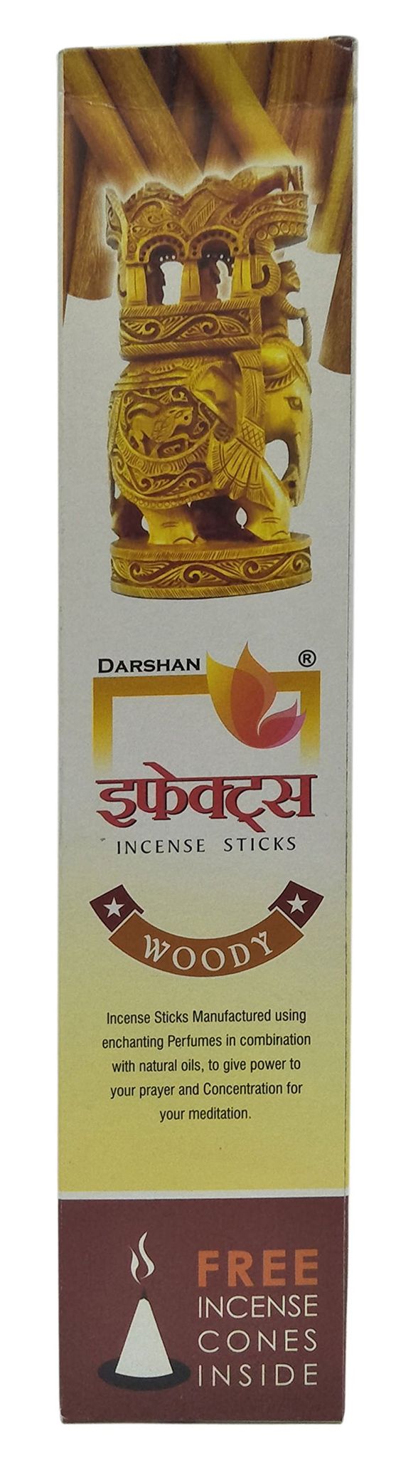 Darshan Effects Incense Sticks, Woody (With Free Incense Cones), 105G Carton