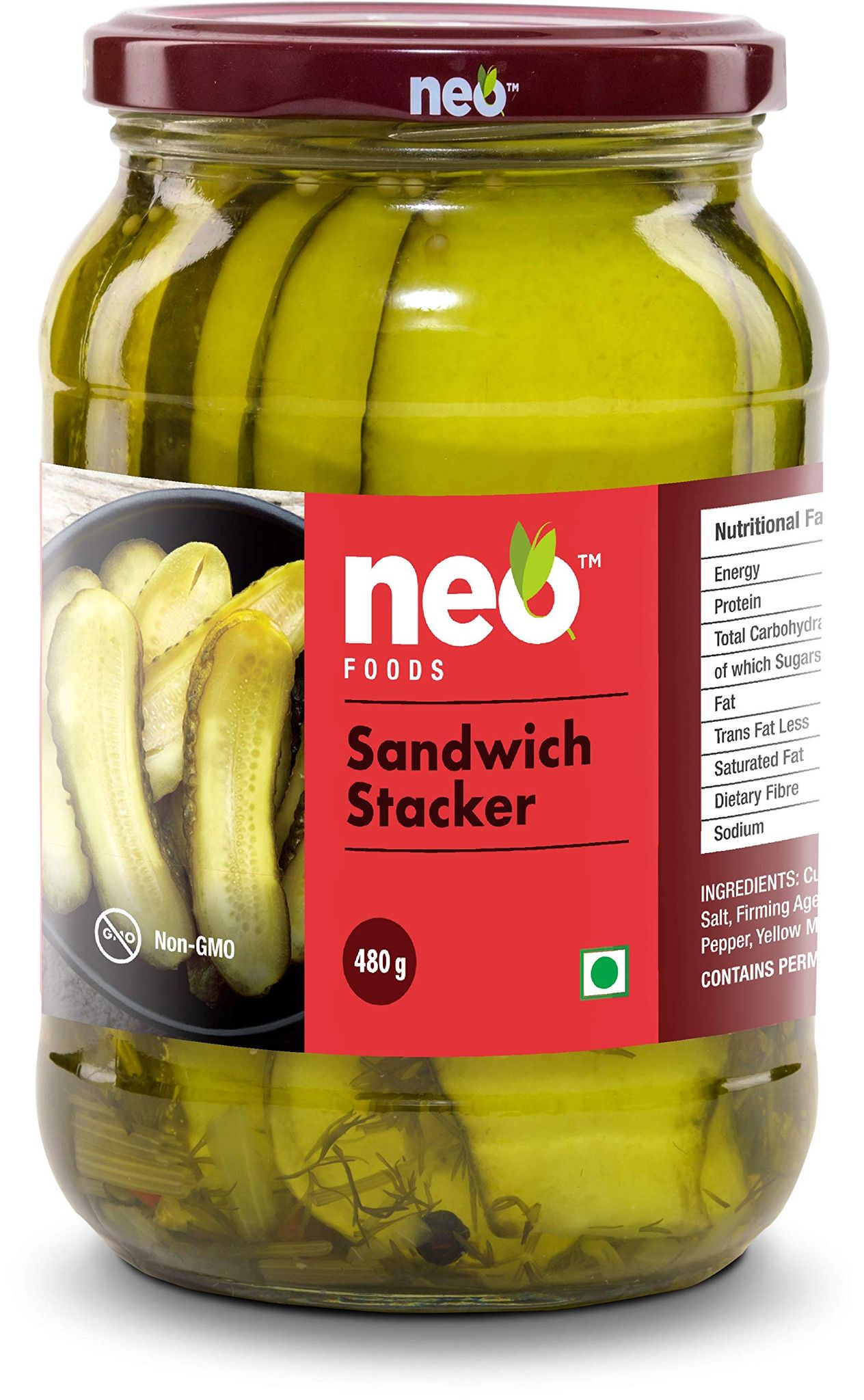 Neo Sandwich Stackers, 480G, 100% Vegan, Low Fat Sweet And Salty Gherkin Slices, Ready To Eat, No Gmo, Make Burger, Sandwich And More (Pack Of 1)
