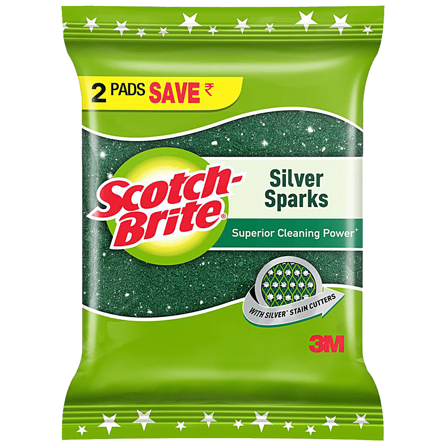 Scotch-Brite Silver Sparks Scrub Pad, Scrubber For Utensil Cleaning, 2 Pcs