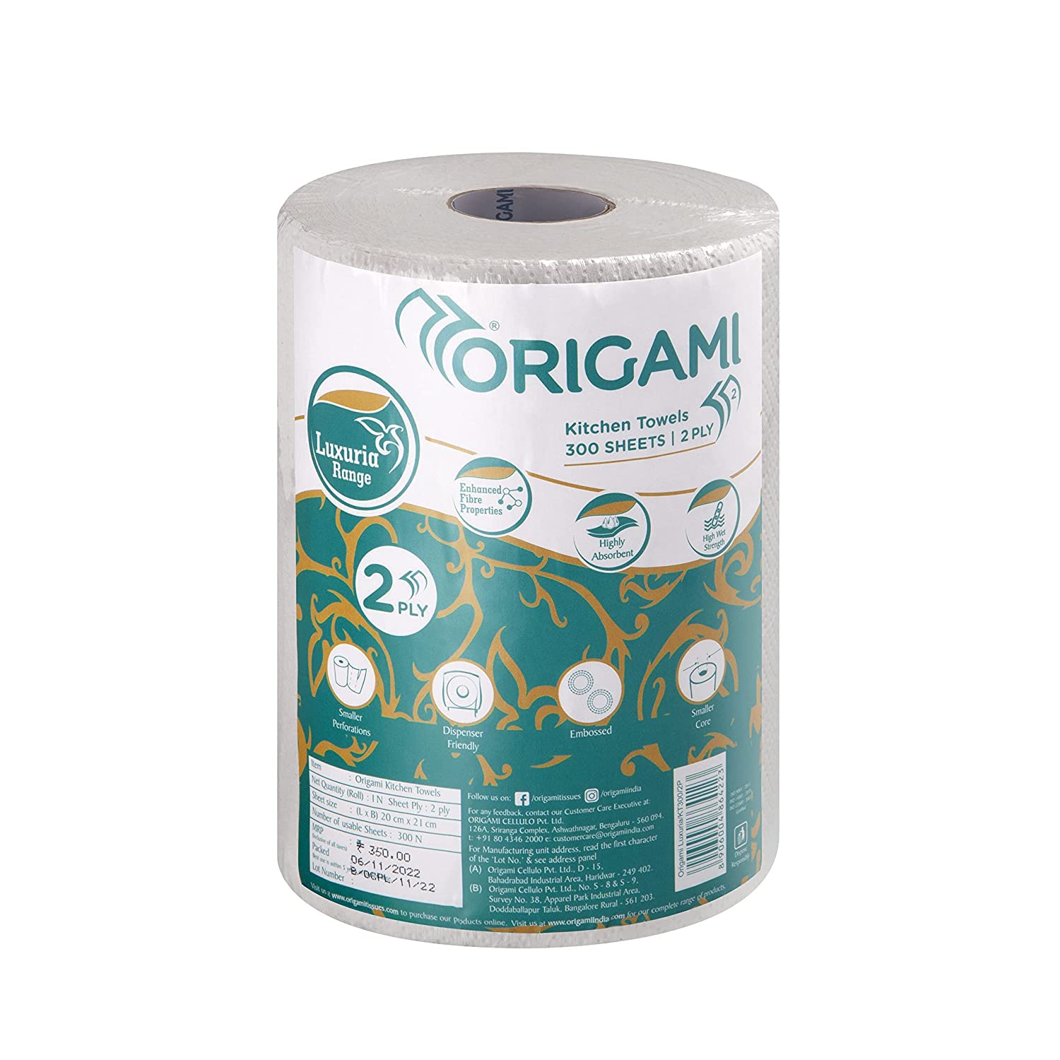 Origami 2 Ply Kitchen Tissue Paper Roll, Pack Of 1 (300 Sheets)