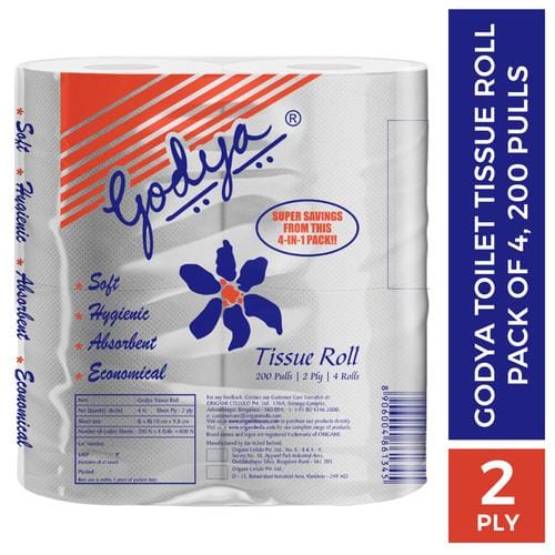 Origami Godya Toilet Tissue Paper Roll, 2 Ply, 4 Pcs (200 Pulls Each)