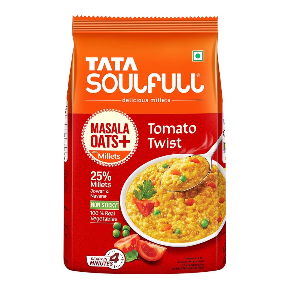 Tata Soulfull Masala Oats+ With Millets, Tomato Twist, 500G, Real Vegetables, 25% Millets, Non Sticky, Evening Snack, Healthy Snack