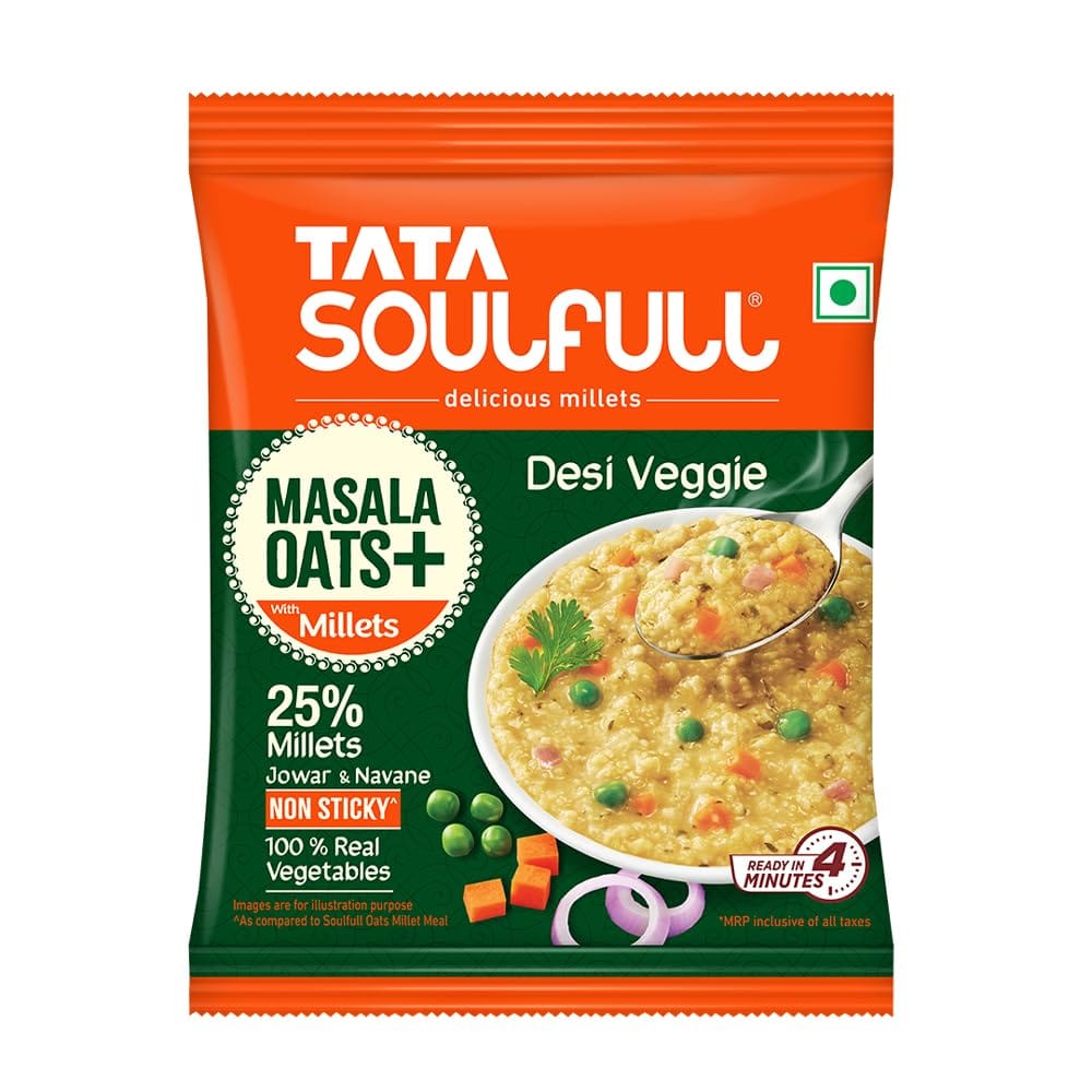 Tata Soulfull Masala Oats+ With Millets, Desi Veggie, 35G, Real Vegetables, 25% Millets, Non Sticky, Evening Snack, Healthy Snack