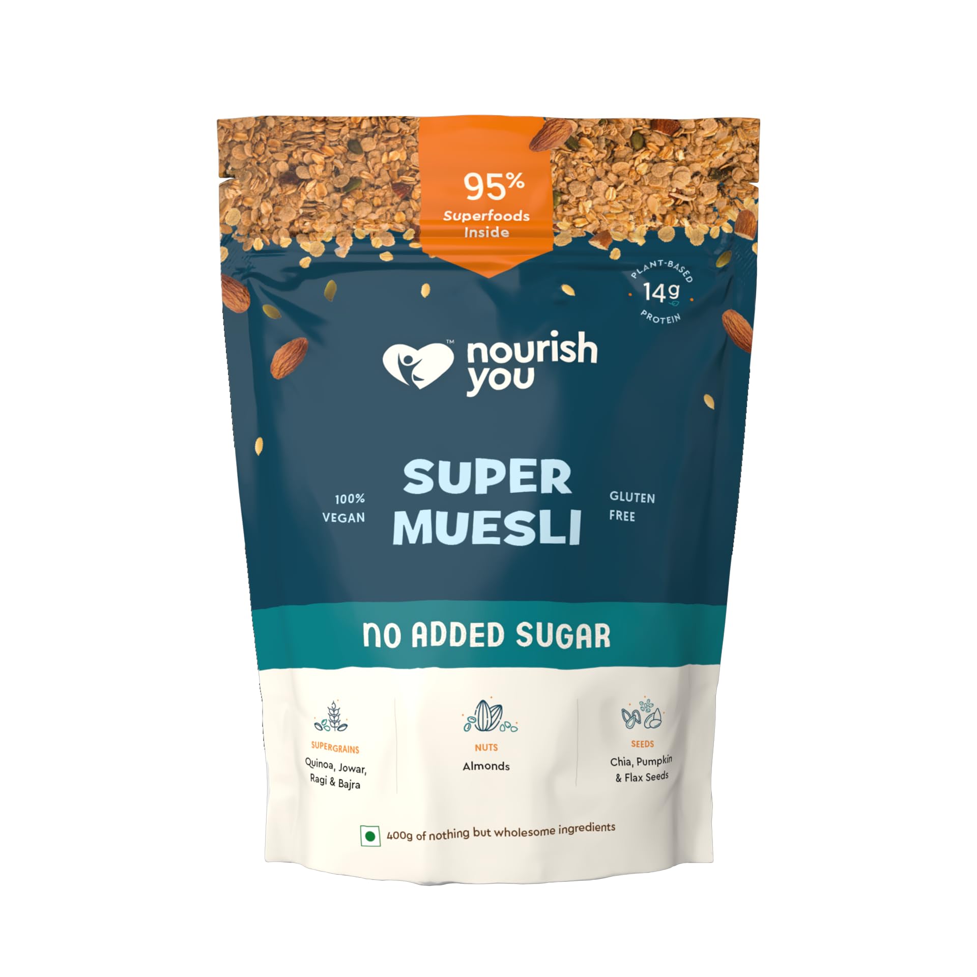 Nourish You Quinoa Muesli Nuts Quinoa Crunch High Protein No Added Flavours Healthy Nutritious Breakfast, 375G