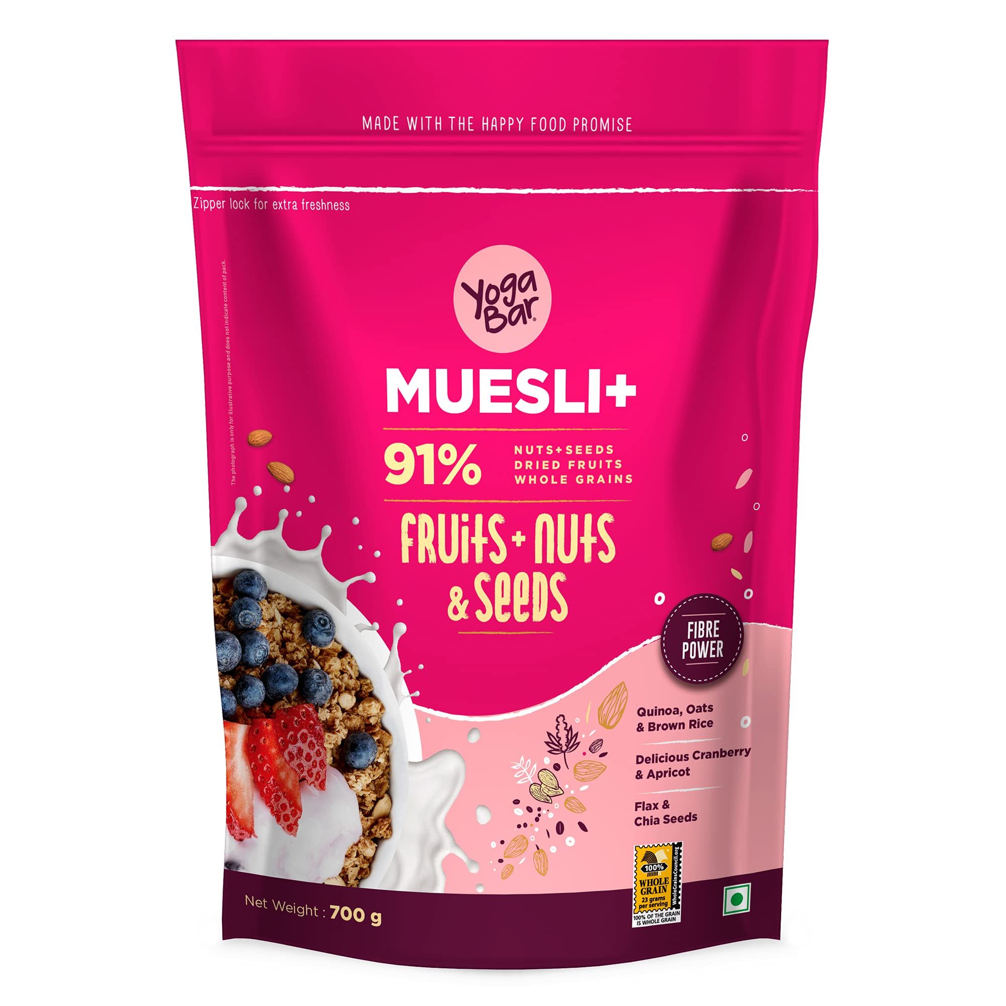 Yogabar Wholegrain Breakfast Muesli Fruits, Nuts + Seeds With Flax And Chia Seeds, 700 G, Whole Grain, High Protein, High Fibre, No Chemical, Omega Rich, Contains Antioxidents