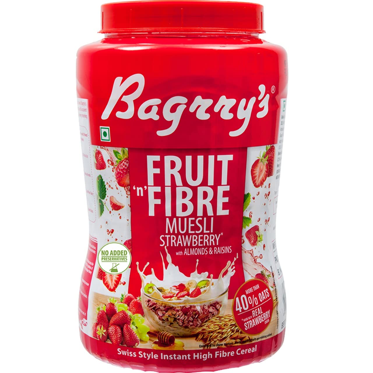 Bagrry's Fruit 'N' Fibre Muesli Jar, Goodness Of Real Strawberries, More Than 40% Imported Oats, High Fibre With Added Bran, 1Kg