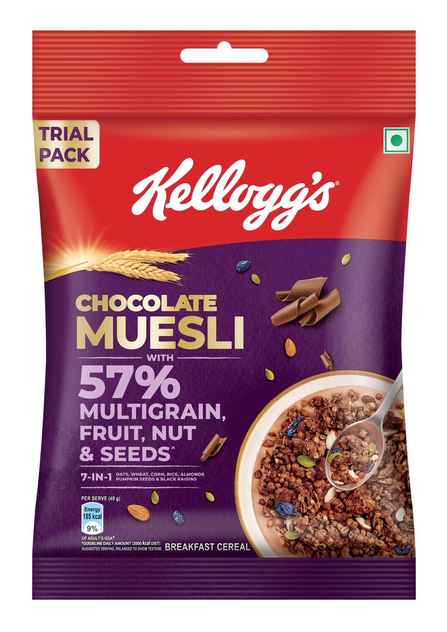Kellogg's New Chocolate Muesli 57% Multigrain, Fruit, Nut & Seeds, 75G, 7In1, Oats, Wheat, Corn, Rice, Almonds, Pumpkin Seeds & Black Raisins, Source Of Protein & Fibre, Multigrain Breakfast Cereal