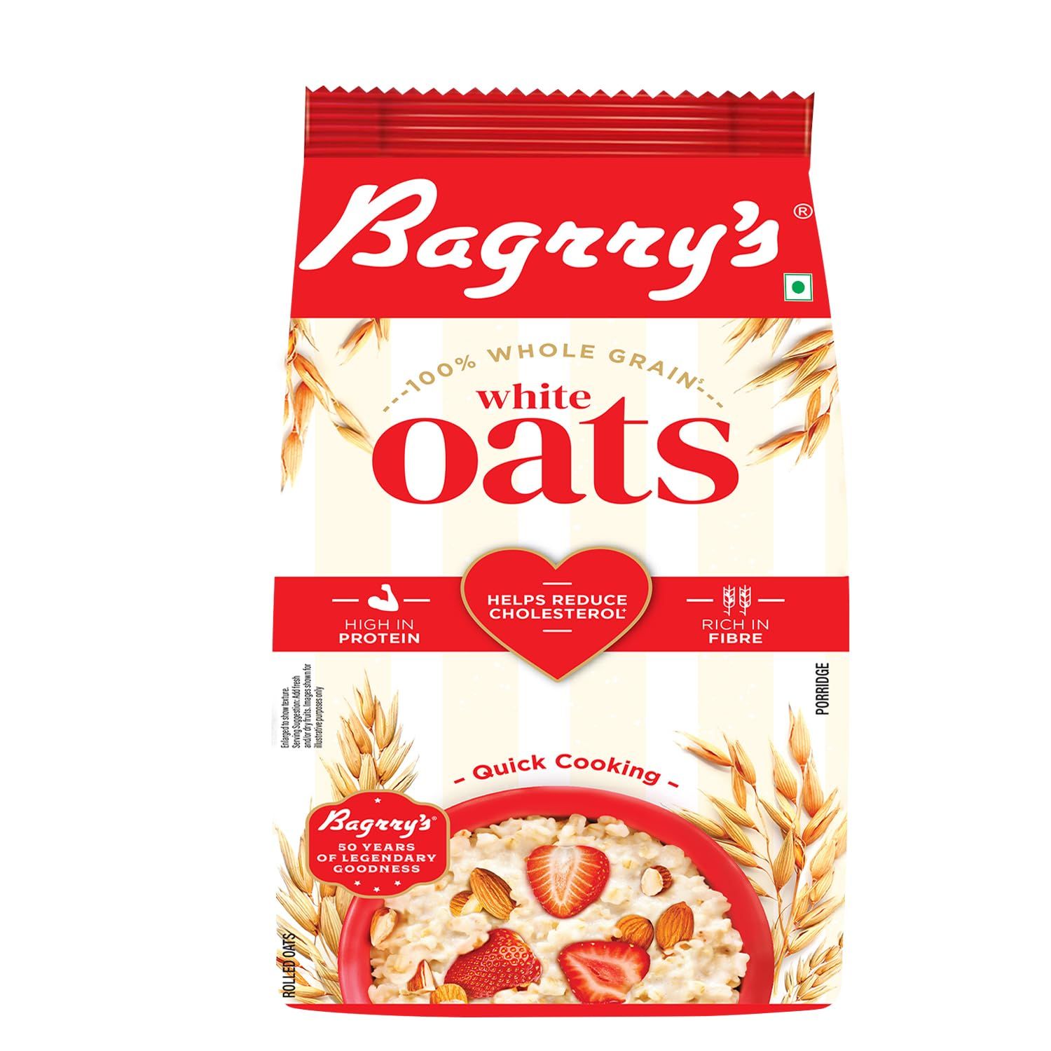 Bagrry's White Oats, 500Gm Pouch, Natural Whole Grain, High Soluble Fibre, Protein Goodness, Non Gmo, Breakfast Cereal, Instant Oats