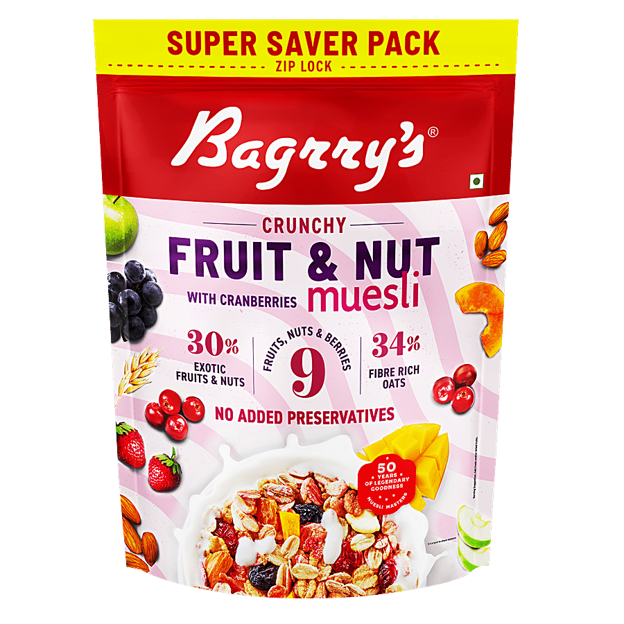 Bagrrys Bagrry`S Crunchy Muesli 30% Fruit & Nut With Cranberries, 750 G Pouch, 750 G Pouch