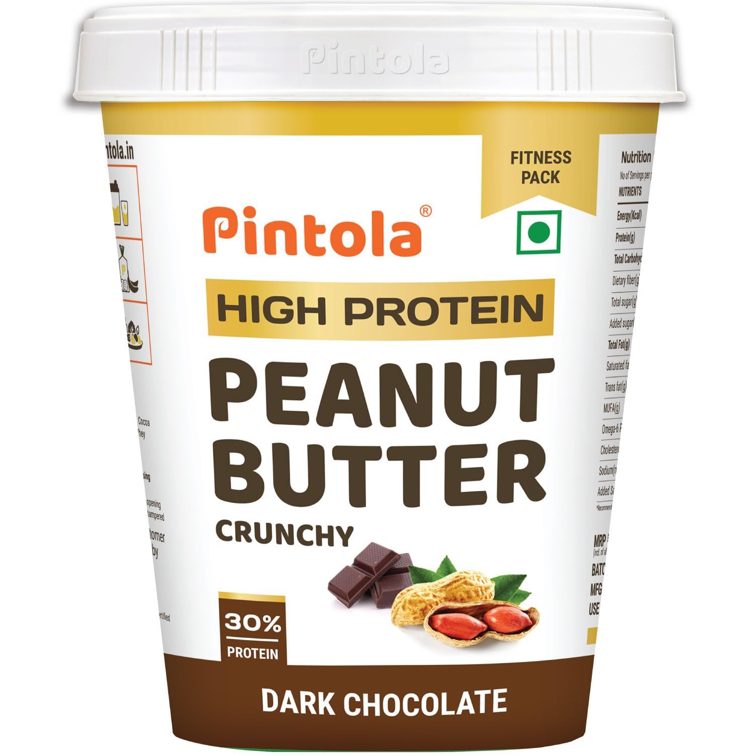 Pintola High Protein Peanut Butter Chocolate Flavour Crunchy, Added Whey Protein, 30G Protein 6.2G Fiber, Gluten Free, Zero Trans Fat, Dark Chocolate Peanut Butter Spread, 510G