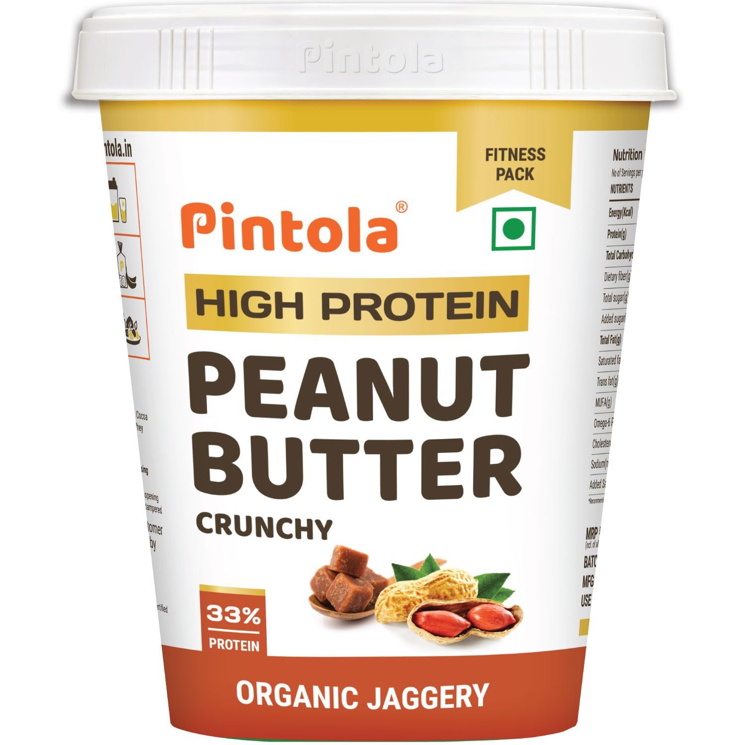 Pintola High Protein Organic Jaggery Peanut Butter Crunchy, 510G With 33G Protein & 7G Fiber, Whey Protein Peanut Butter, Vegan Gluten Free, Zero Added Salt, Cholesterol Free, 100% Roasted Peanuts