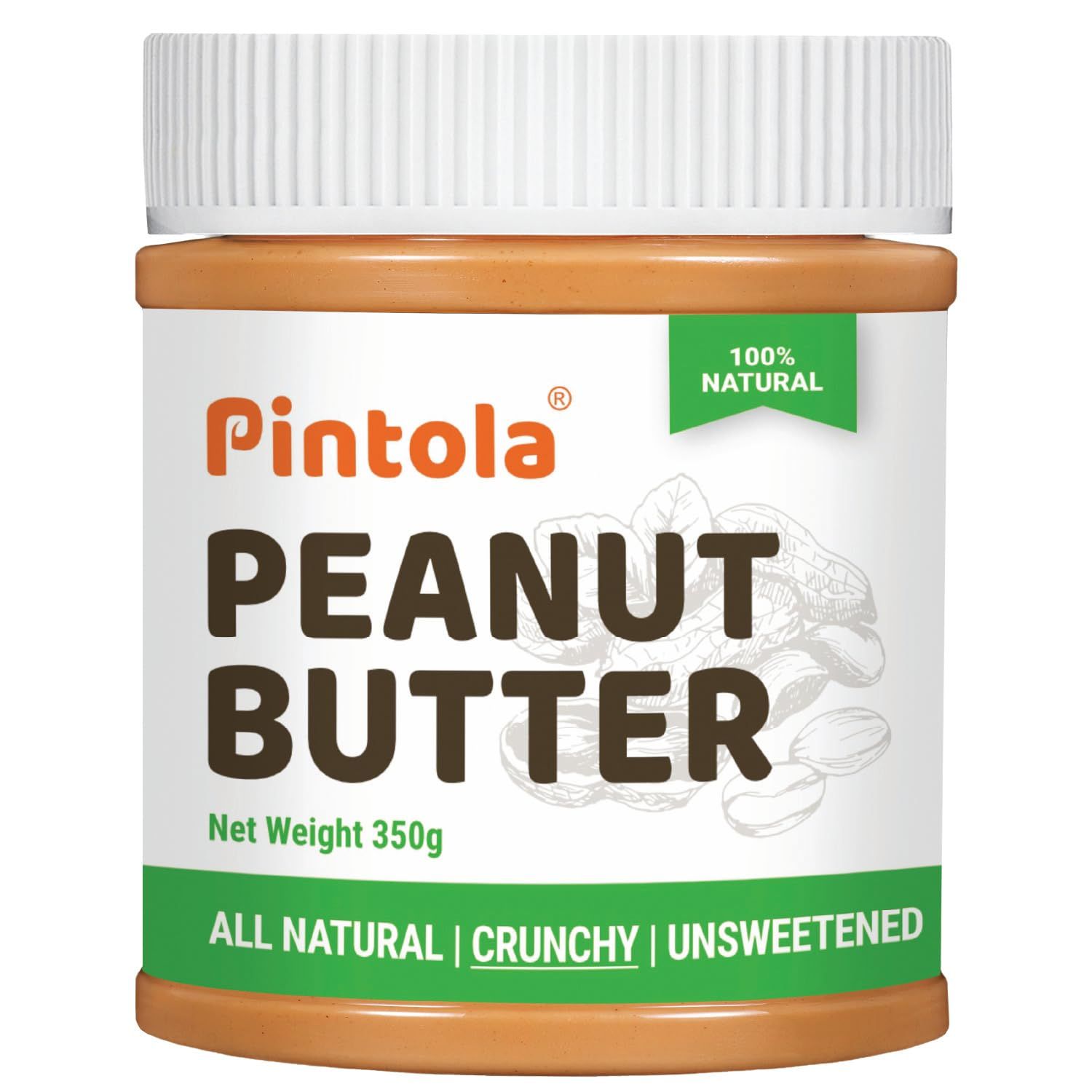 Pintola All Natural Peanut Butter (Crunchy, Unsweetened, 30G Protein, Non Gmo, Gluten Free, Vegan, Cholesterol Free, 350G