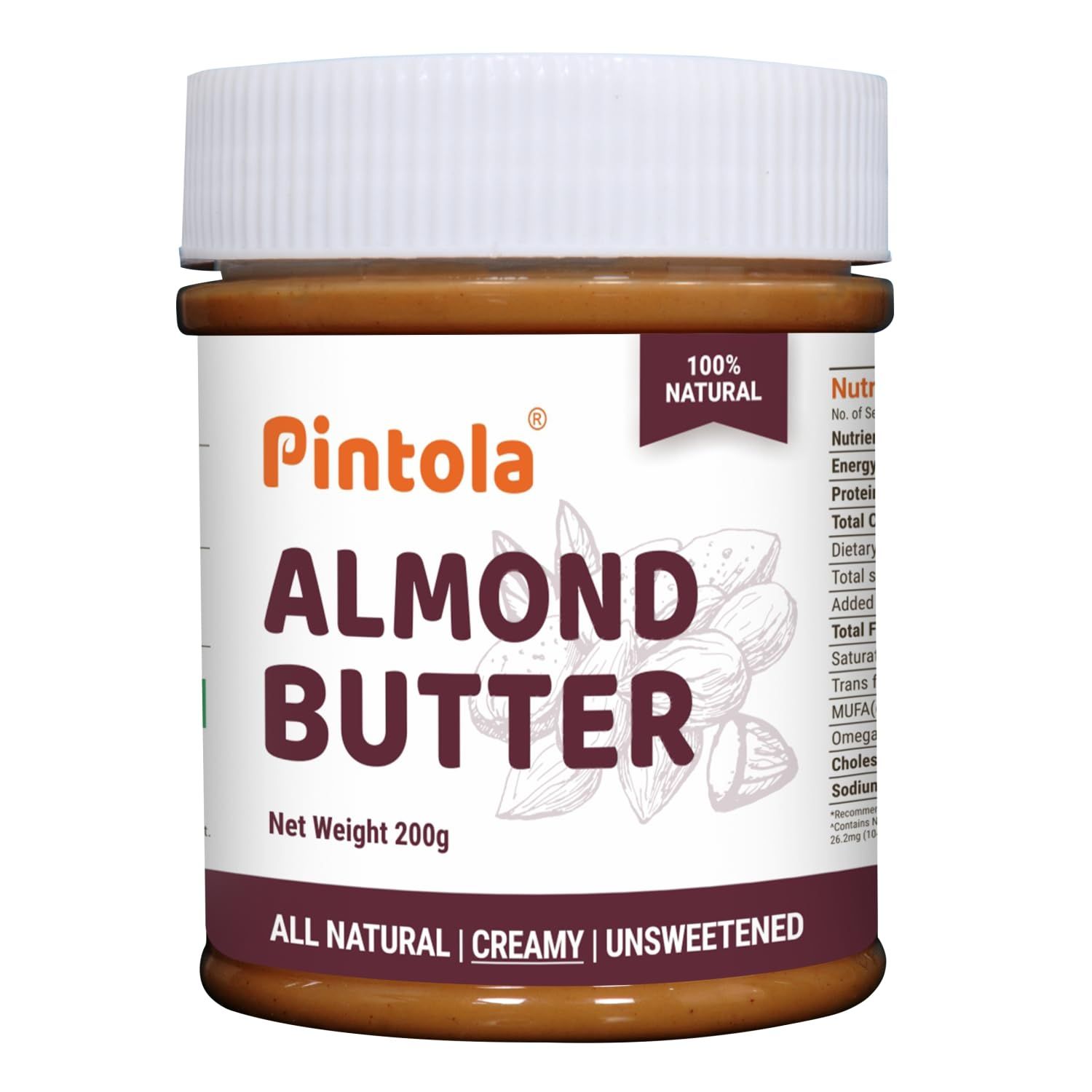 Pintola Almond Butter Creamy 200G, All Natural Unsalted Butter, Healthy Almond Butter Unsweetened For Bread Spreads, Vegan Almond Butter
