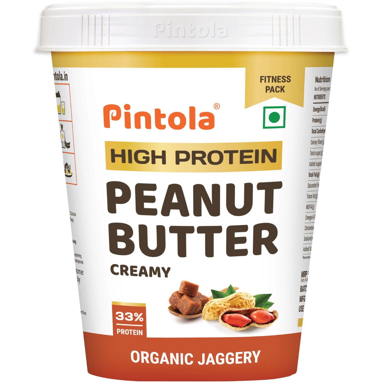 Pintola High Protein Organic Jaggery Peanut Butter Creamy 1Kg With 33G Protein & 7G Fiber, Whey Protein Peanut Butter, Vegan Gluten Free, Zero Added Salt, Cholesterol Free, 100% Roasted Peanuts