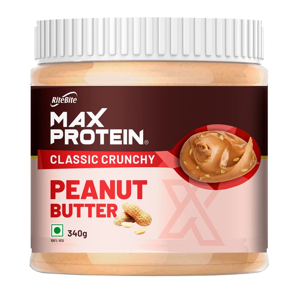 Ritebite Max Protein Peanut Spread, Classic Crunchy Peanut Butter, 340 G, High Protein, High Fiber, Gluten Free, Vegan, No Preservatives, All Natural