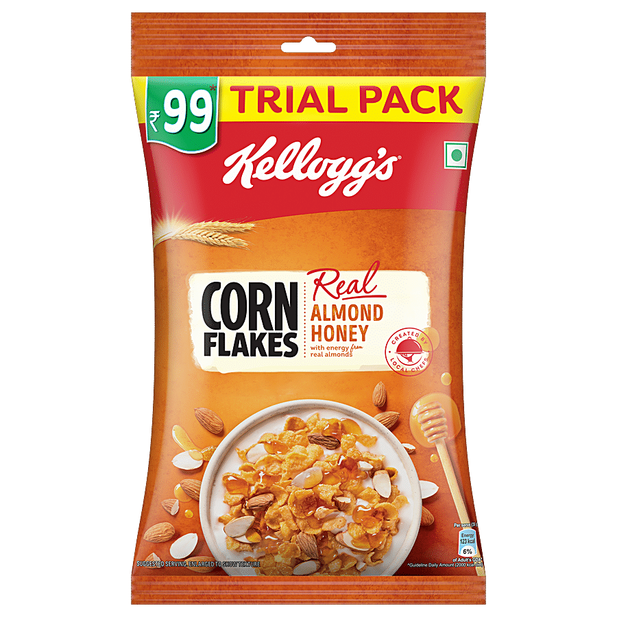 Kellogg's Corn Flakes, Real Almond Honey, Breakfast Cereals, High In Vitamin B1, B2, B3, B6 & C, Iron, Trial Pack, 180 G Pouch