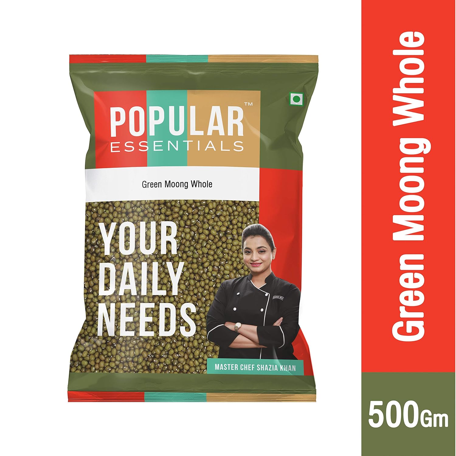 Popular Essentials Premium Whole Green Moong Dal Pouch, 500G