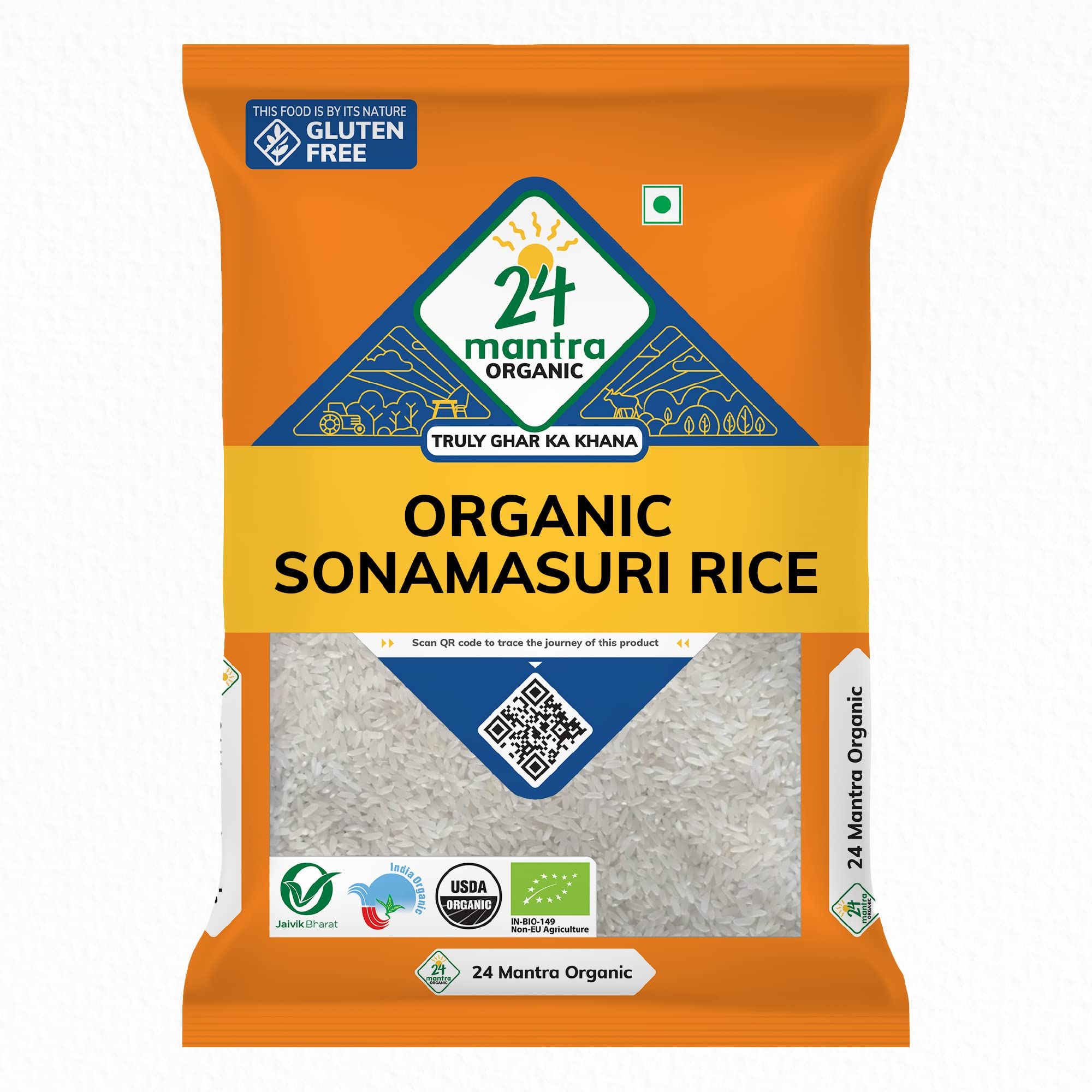 24 Mantra Organic Sonamasuri Polished Raw Rice/Sonamasoori Chawal, 5 Kg, Pack Of 1, 100% Organic, Chemical Free & Pesticides Free