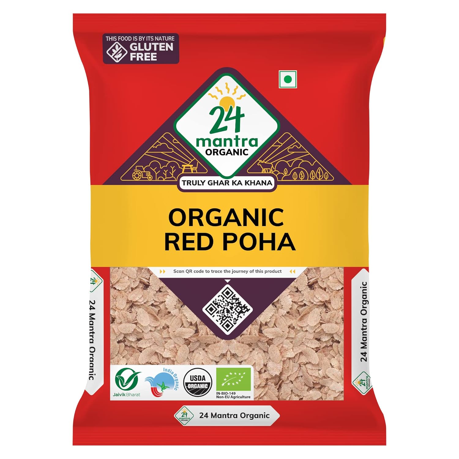 24 Mantra Organic Red Poha/Flattened Red Rice/Erra Atukula, Organic, Chemical Free &, Pesticides Free, Easily Digestible, 500Gms